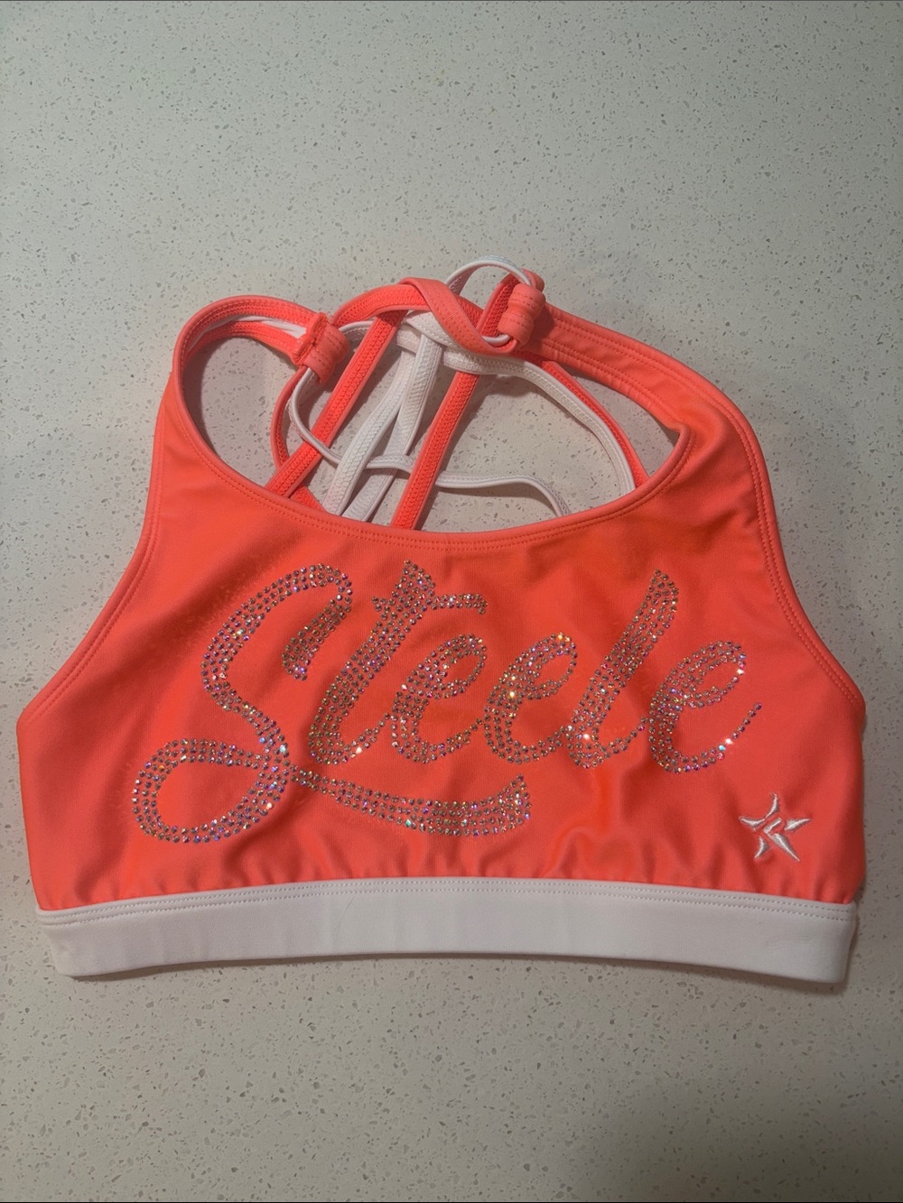 Rebel Athletic Coral 'Steele' Rhinestone Sports Bra with White Trim